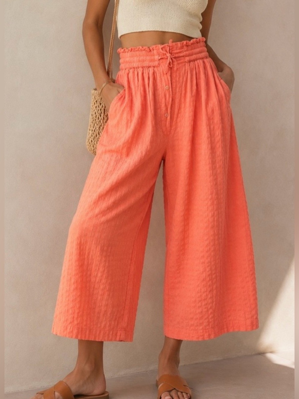 Anthropologie Lilka textured seersucker wide leg pants in coral